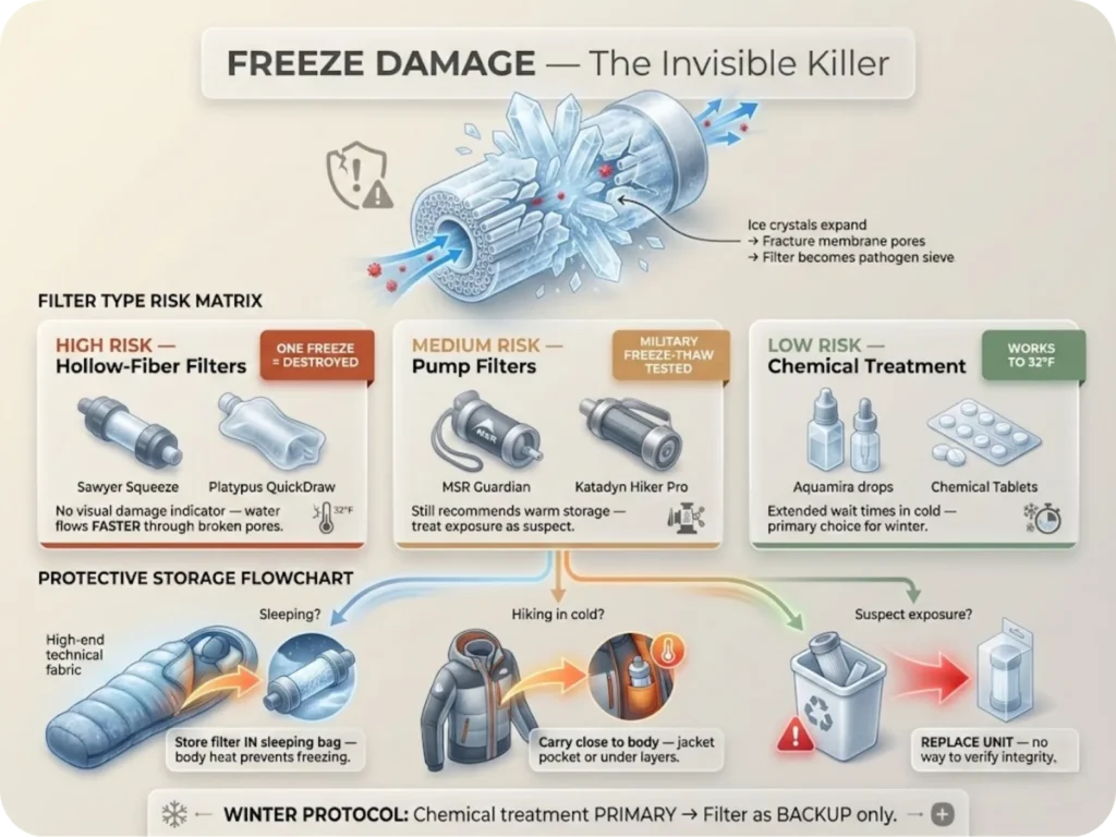 Flowchart infographic showing freeze damage risk levels by water filter type and recommended protective storage methods to prevent hollow-fiber membrane failure in cold conditions.