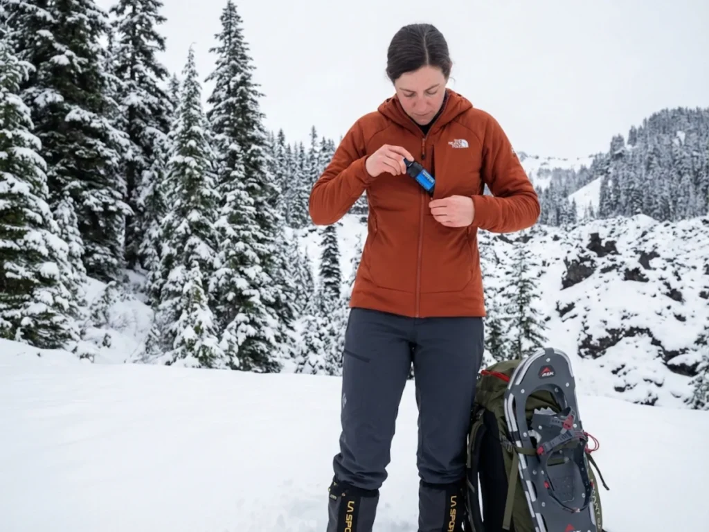 Winter hiker storing water filter inside jacket to prevent freeze damage in snowy backcountry