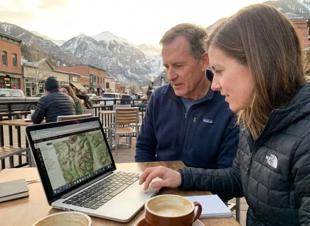 Prospective hiking mentee meeting with mentor at mountain café to plan training program