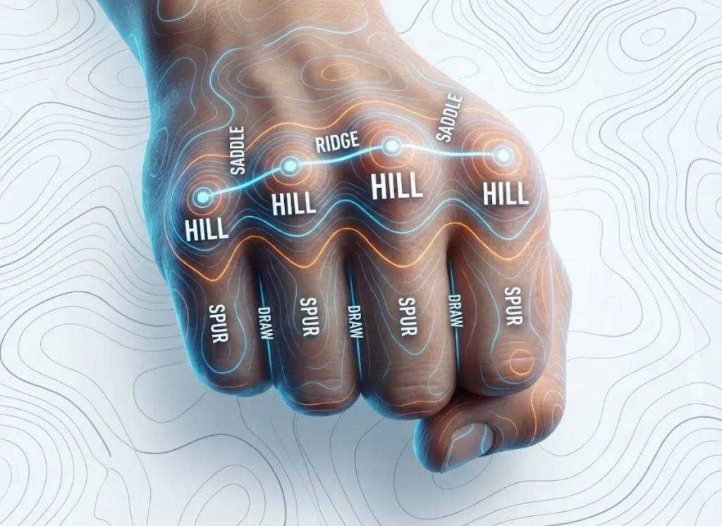 A sophisticated infographic illustration demonstrating the "Fist Method" for recognizing major terrain features. A clenched human fist is overlaid with glowing topographical lines and text labels: knuckles are marked "HILL", spaces between knuckles are "SADDLE", the line across knuckles is "RIDGE", fingers are "SPUR", and spaces between fingers are "DRAW". The background is a stylized topographic map.