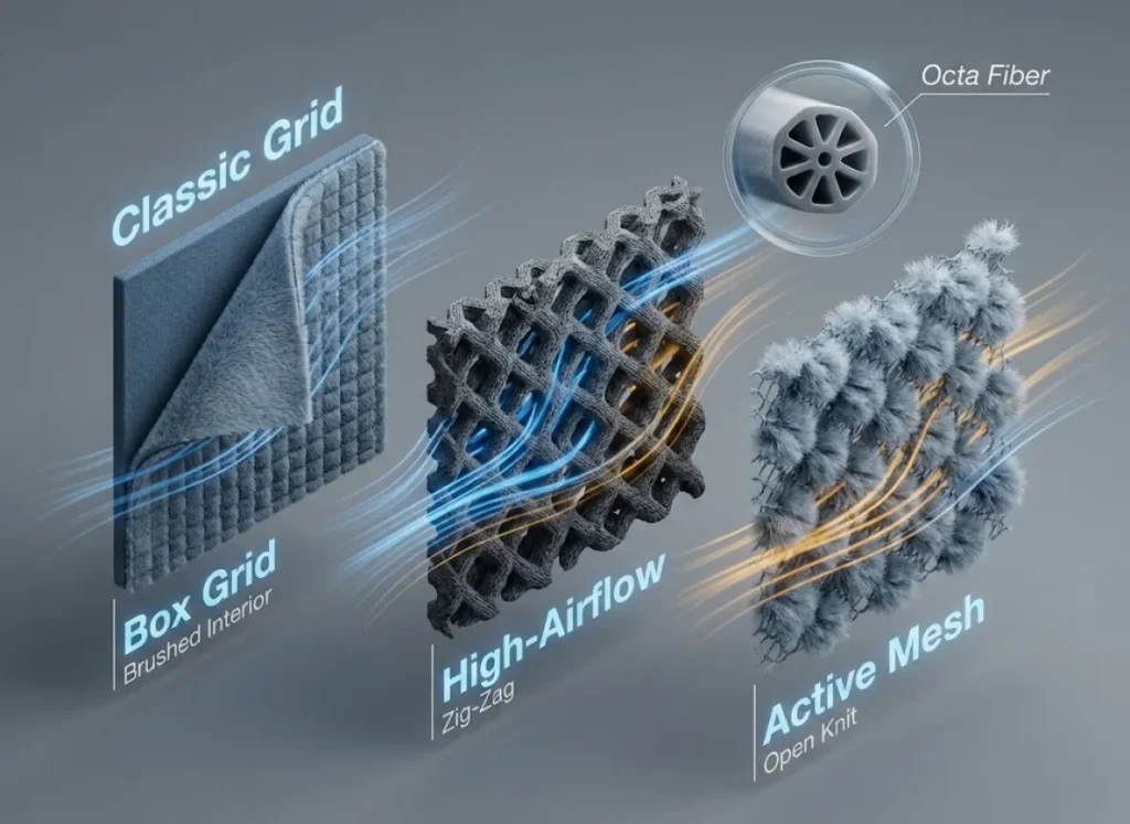 A detailed 3D infographic comparing three types of fleece fabric structures: Classic Box Grid, High-Airflow Zig-Zag, and Active Mesh with hollow core fibers. The visual highlights weave patterns and airflow permeability with high-tech texturing.