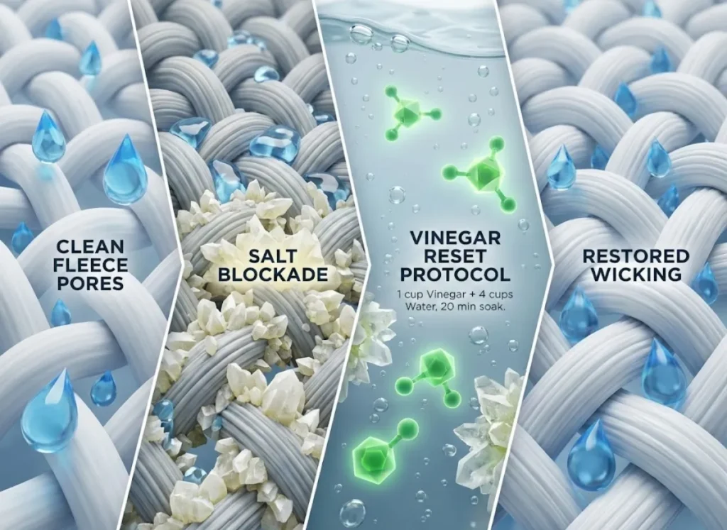 A four-stage microscopic infographic illustrating fleece fabric maintenance. Stage 1 shows clean fibers wicking water. Stage 2 shows crystalline salt deposits blocking pores, labeled "SALT BLOCKADE." Stage 3 depicts vinegar molecules dissolving salts in a liquid soak, labeled "VINEGAR RESET PROTOCOL: 1 cup Vinegar + 4 cups Water, 20 min soak." Stage 4 shows restored fibers allowing water to pass through again. The style is premium science illustration.