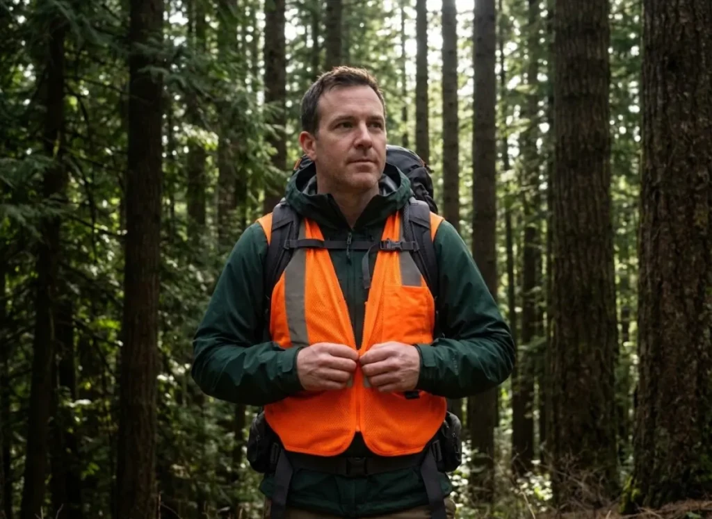 Hiker adjusting fluorescent orange safety vest in forest showing high visibility color contrast in shade