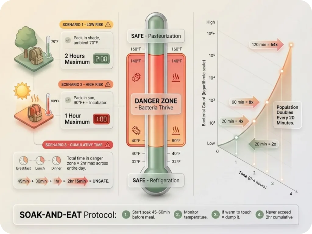 Time-temperature safety matrix showing USDA danger zone with bacterial multiplication curve and scenario-based risk levels for cold soaking on trail.