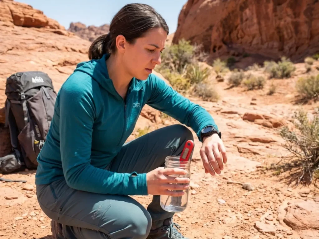 Hiker monitoring food temperature and time for safe cold soaking in hot desert conditions