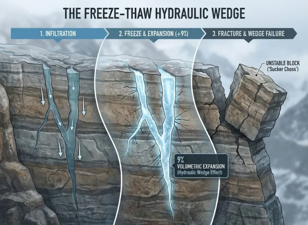 A detailed cross-section infographic illustrating the three-stage process of freeze-thaw weathering. Left panel: liquid water enters rock fractures. Center panel: ice freezes and expands by 9%, exerting pressure as a hydraulic wedge. Right panel: the rock fractures, creating unstable blocks known as wedge failure.