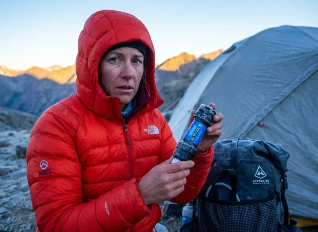 Hiker discovering frozen Sawyer water filter at winter camp, illustrating freeze damage risk