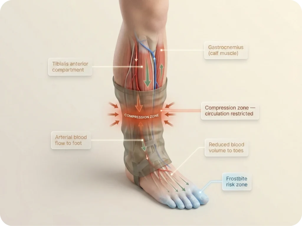 Medical-style anatomical diagram of lower leg showing tibialis anterior and gastrocnemius muscle compartments, arterial blood flow arrows to the foot, and compression zones from an overtightened gaiter cuff causing restricted circulation.