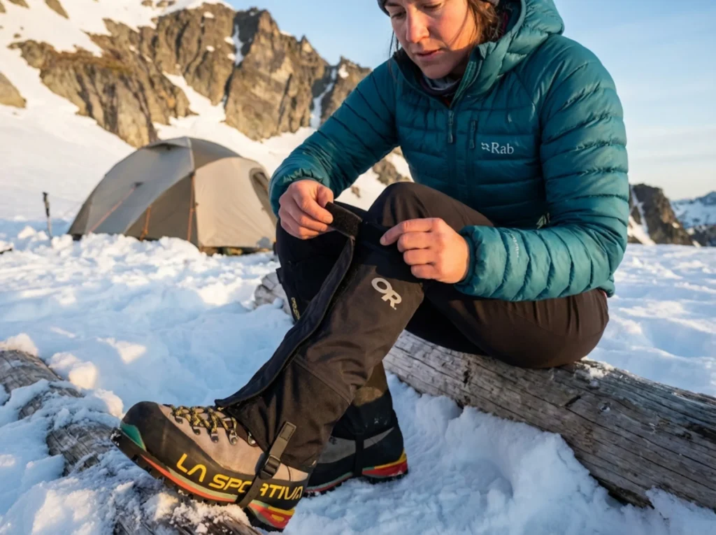Mountaineer inspecting Velcro closure and BioThane strap on expedition gaiters at alpine camp