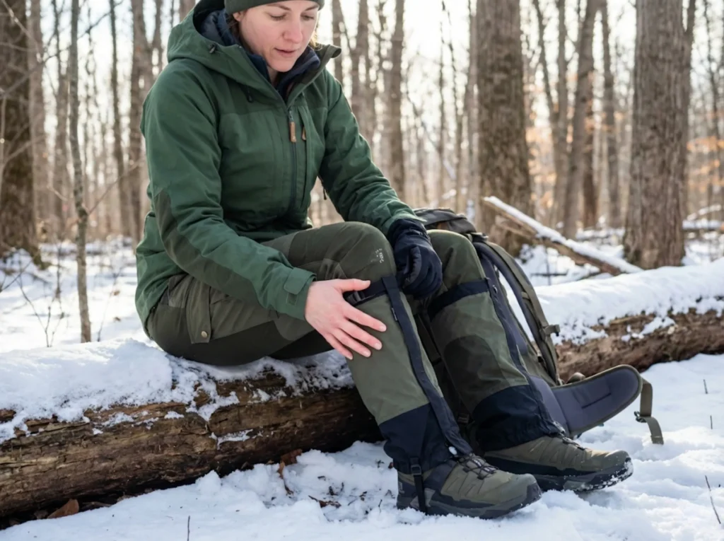 Hiker loosening gaiter cuff strap during rest break to restore leg circulation in winter