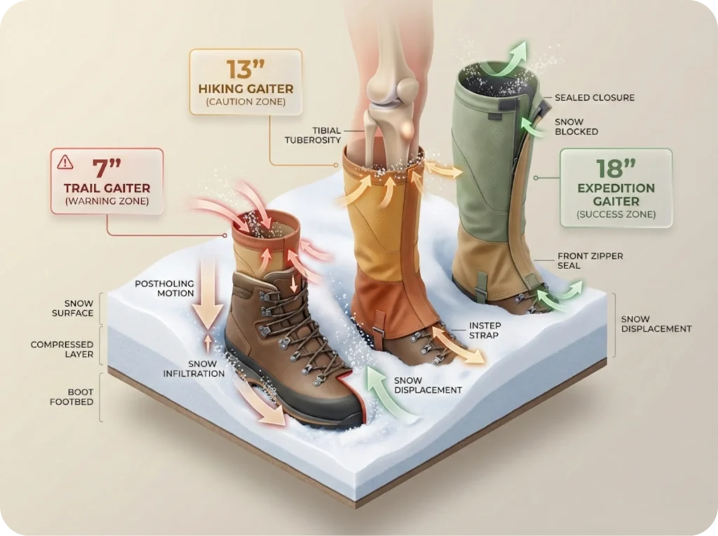 Cross-section infographic showing boot and gaiter in deep powder snow, with arrows indicating postholing motion and snow infiltration points at 7-inch, 13-inch, and 18-inch gaiter heights.