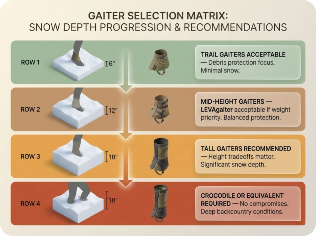 Decision matrix infographic mapping snow depth ranges (0-6 inches, 6-12 inches, 12-18 inches, and 18+ inches) to recommended gaiter types from trail gaiters to full expedition Crocodile gaiters.