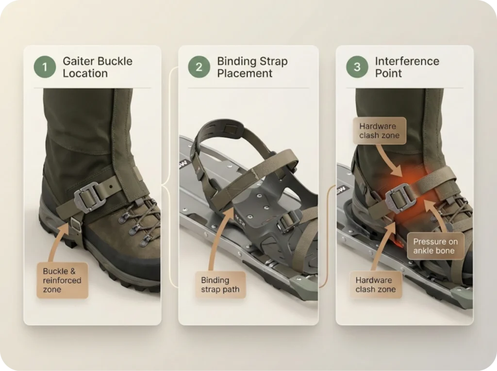 Three-panel photo sequence infographic showing gaiter buckle location, MSR snowshoe binding strap placement, and the interference point where hardware clashes cause fit problems.