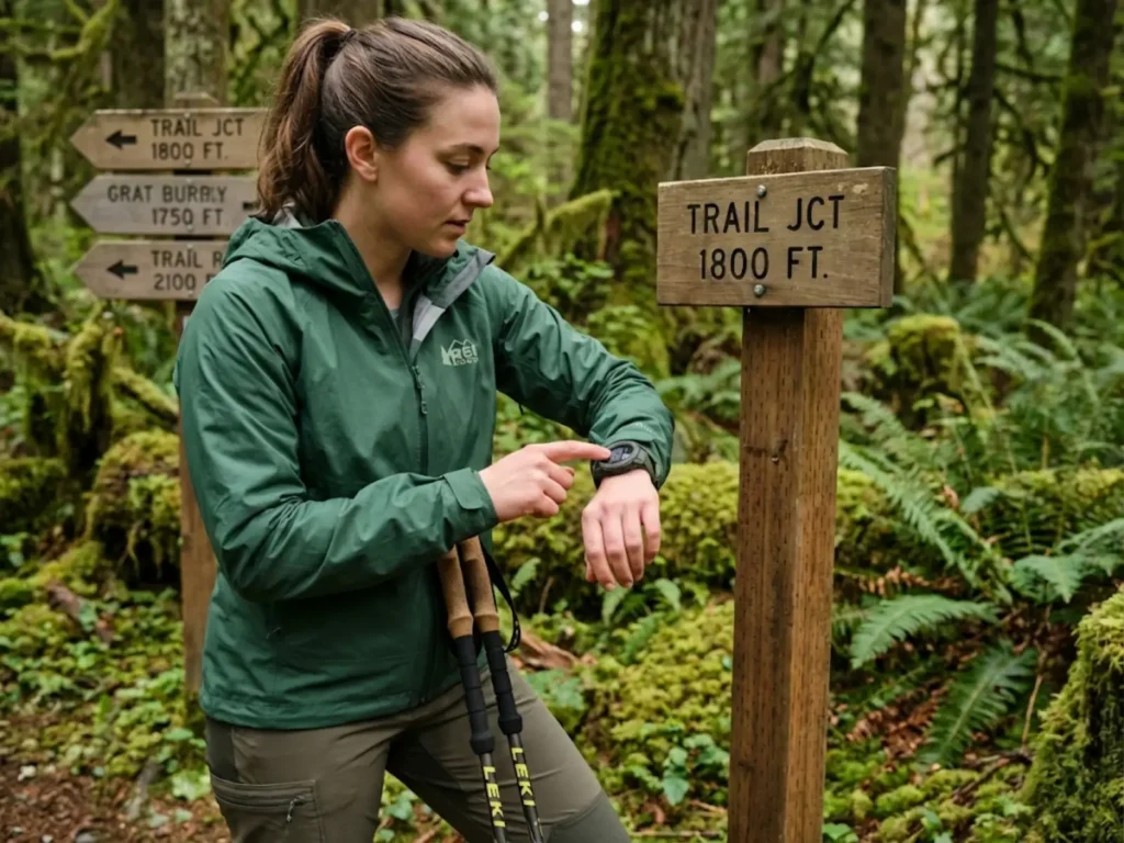 Hiker accessing Garmin watch calibration menu at trail junction to manually enter known elevation