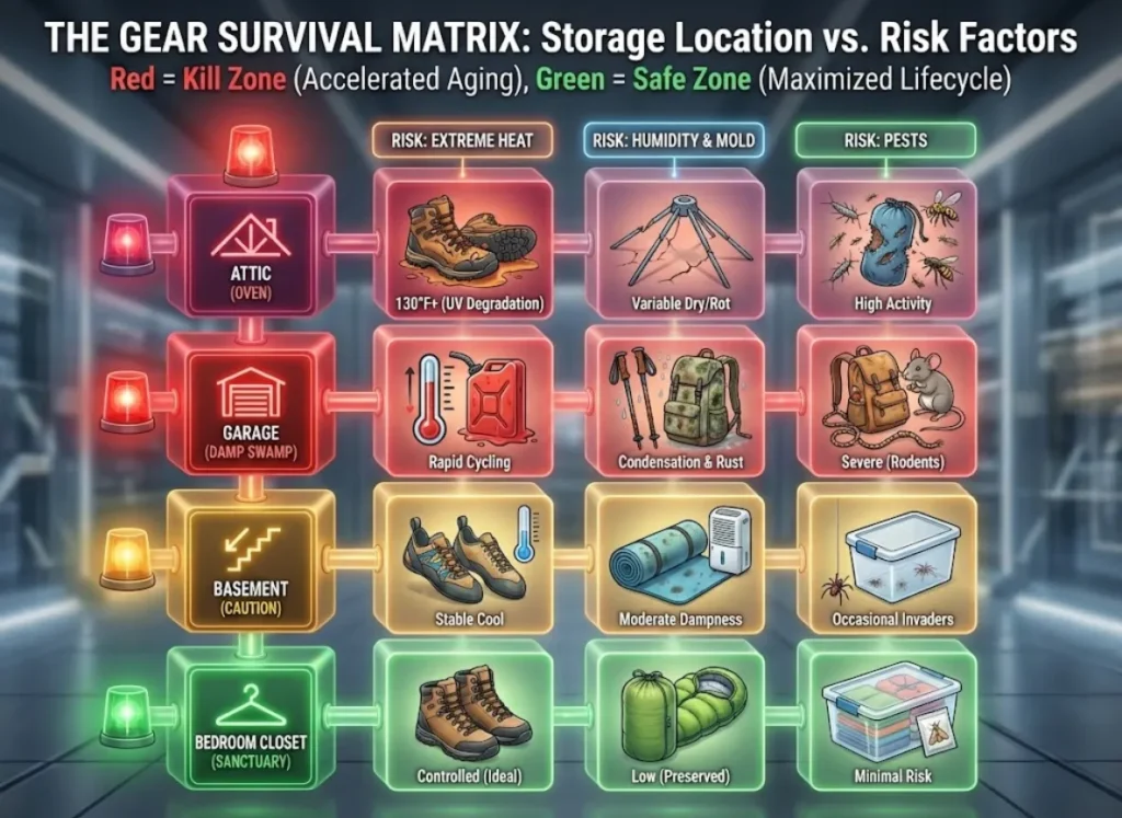 A detailed infographic titled 'The Gear Survival Matrix' contrasting storage locations with risk factors. It shows Attics and Garages in red zones with high heat, humidity, and pests, damaging gear like boots and backpacks. Basements are yellow caution zones. Bedroom Closets are green safe zones with pristine gear. The style is a premium 3D vector-realism fusion.