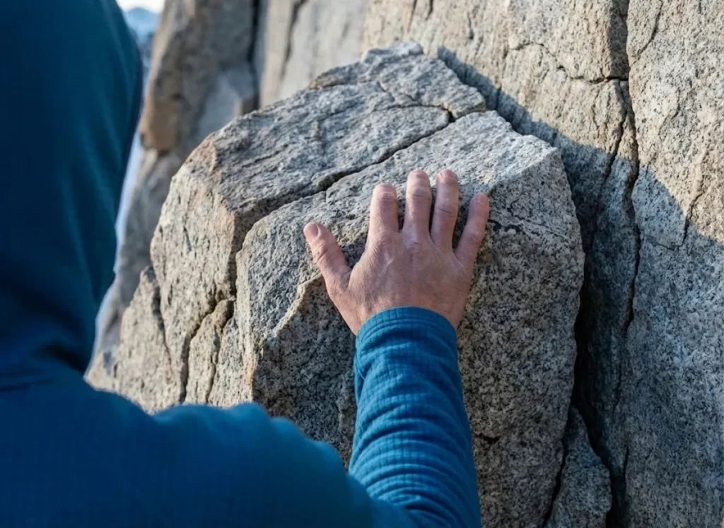 Close-up of a climber's hand inspecting a fractured granite block, highlighting the gap caused by freeze-thaw weathering.