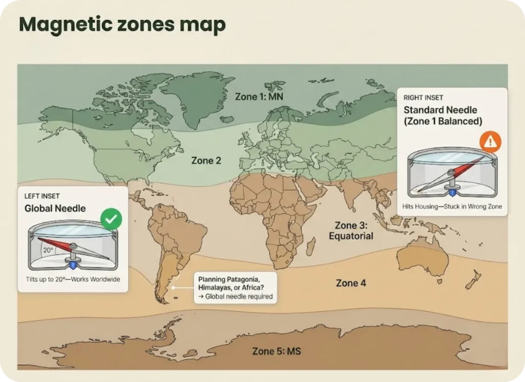 World map infographic showing the five magnetic zones with color coding, plus inset diagrams comparing a tilted global needle functioning properly versus a stuck standard needle failing in the Southern Hemisphere.