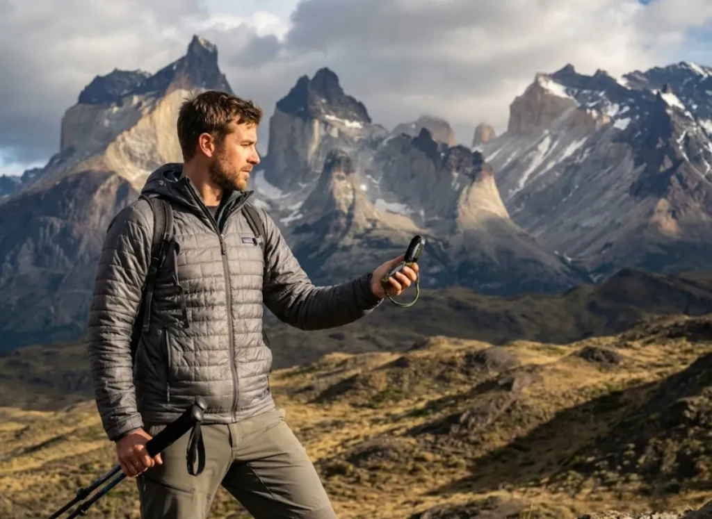 Trekker using Brunton global compass navigating Patagonian peaks