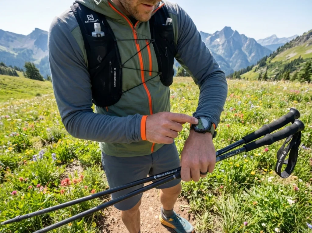 Hiker checking GPS watch pace tracking feature on alpine trail for turnaround time management
