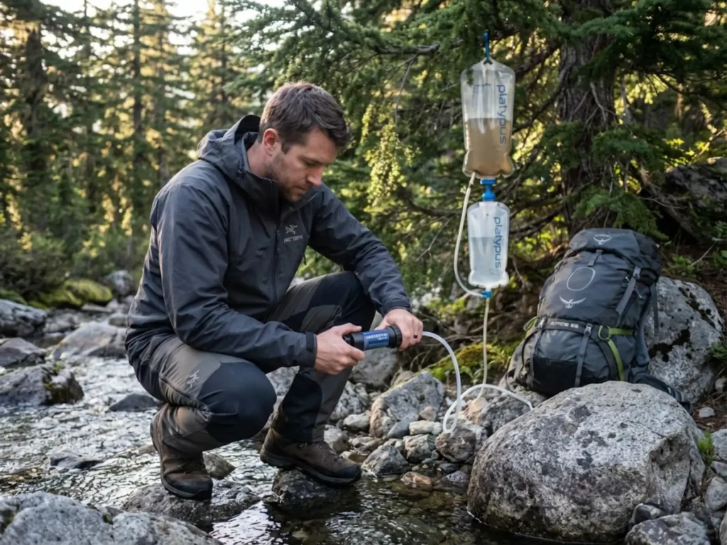 Hiker comparing gravity filter hanging from tree with pump filter at alpine stream during backpacking trip
