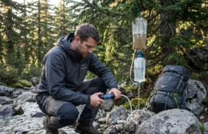 Gravity vs Pump Filters: What 1,247 Pump Strokes Taught Me Hiker comparing gravity filter hanging from tree with pump filter at alpine stream during backpacking trip