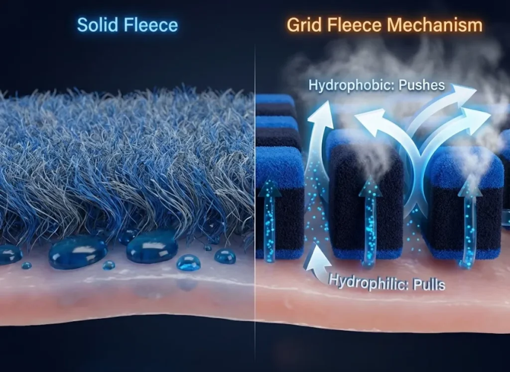 A high-definition, split-view 3D microscopic cross-section comparison of fabric textures. On the left, 'Solid Fleece' shows stagnant water droplets pooling on dense fibers. On the right, 'Grid Fleece' features raised squares and air channels, visualizing moisture rapidly wicking upwards from the skin side to the outer surface in a 'Push-Pull' motion, turning into vapor.