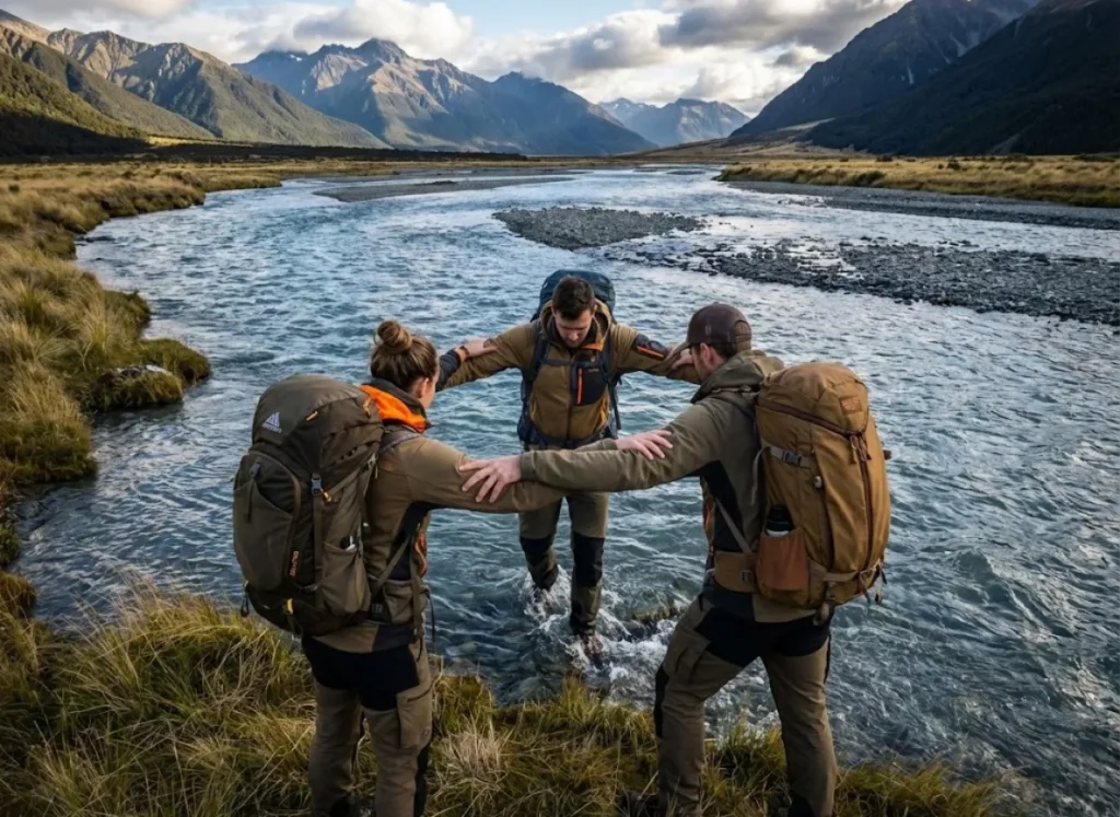 Three hikers using triangle formation mutual support technique for river crossing safety