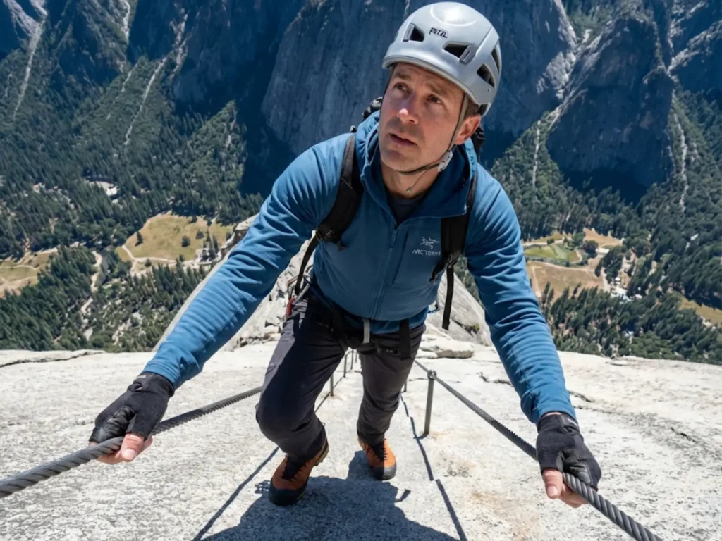 Hiker ascending Half Dome cables route gripping steel cables with Yosemite Valley below