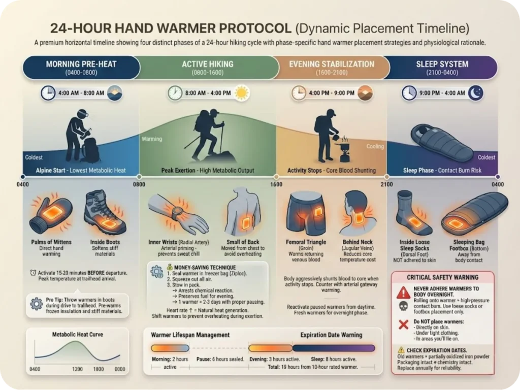 24-hour hand warmer placement timeline showing optimal warmer locations for morning pre-heat, active hiking, evening stabilization, and sleep phases.