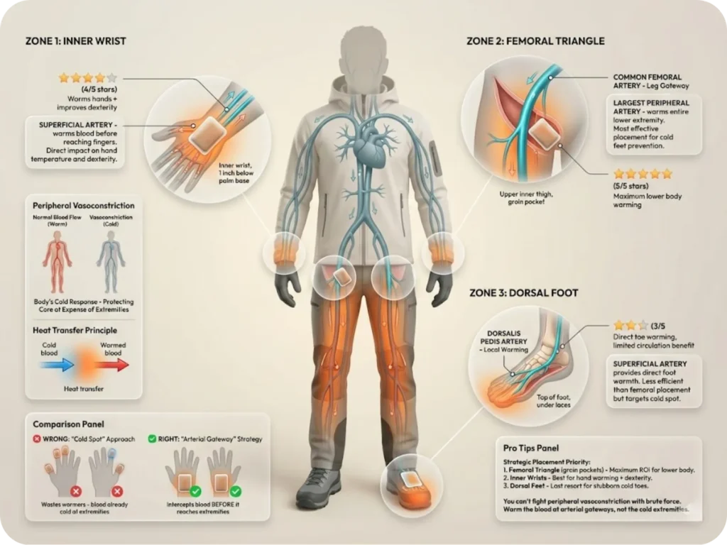 Anatomical diagram showing strategic hand warmer placement at radial artery, femoral artery, and dorsalis pedis artery for maximum warming efficiency.