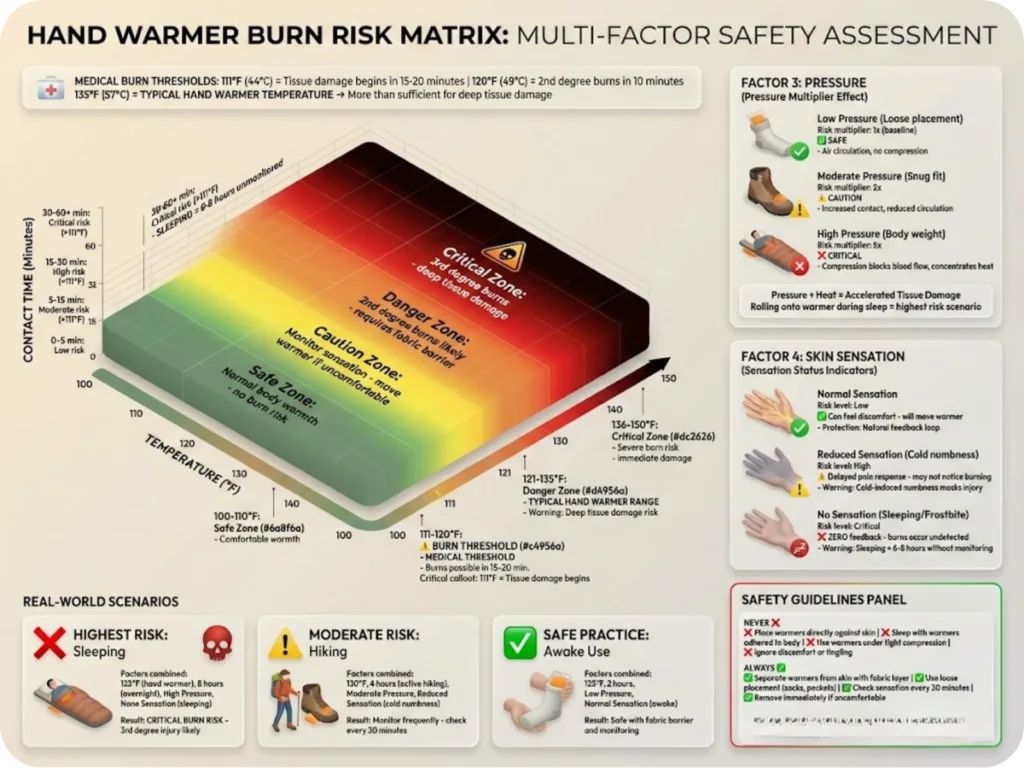 Burn risk matrix showing how temperature, time, pressure, and skin sensation combine to create thermal injury zones from hand warmers.