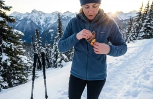 Layering Hand Warmers for All-Day Heat on the Trail Hiker placing hand warmer in fleece pocket on winter mountain trail for layered heat management