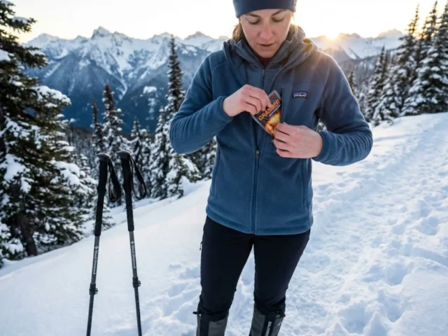hand-warmer-layering-winter-hiking-trail Hiker placing hand warmer in fleece pocket on winter mountain trail for layered heat management