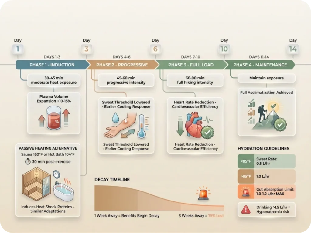 Fourteen-day heat acclimatization timeline showing progressive phases, daily activity levels, and physiological adaptations for safe desert hiking preparation.