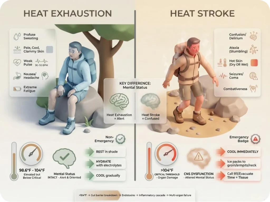 Side-by-side comparison of heat exhaustion versus heat stroke showing symptoms, mental status, temperature ranges, and emergency response protocols.