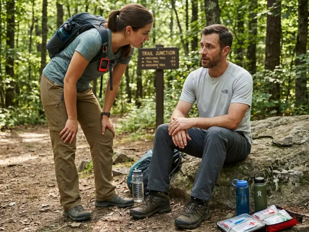 Hiker performing mental status assessment on fatigued partner to differentiate heat exhaustion from heat stroke