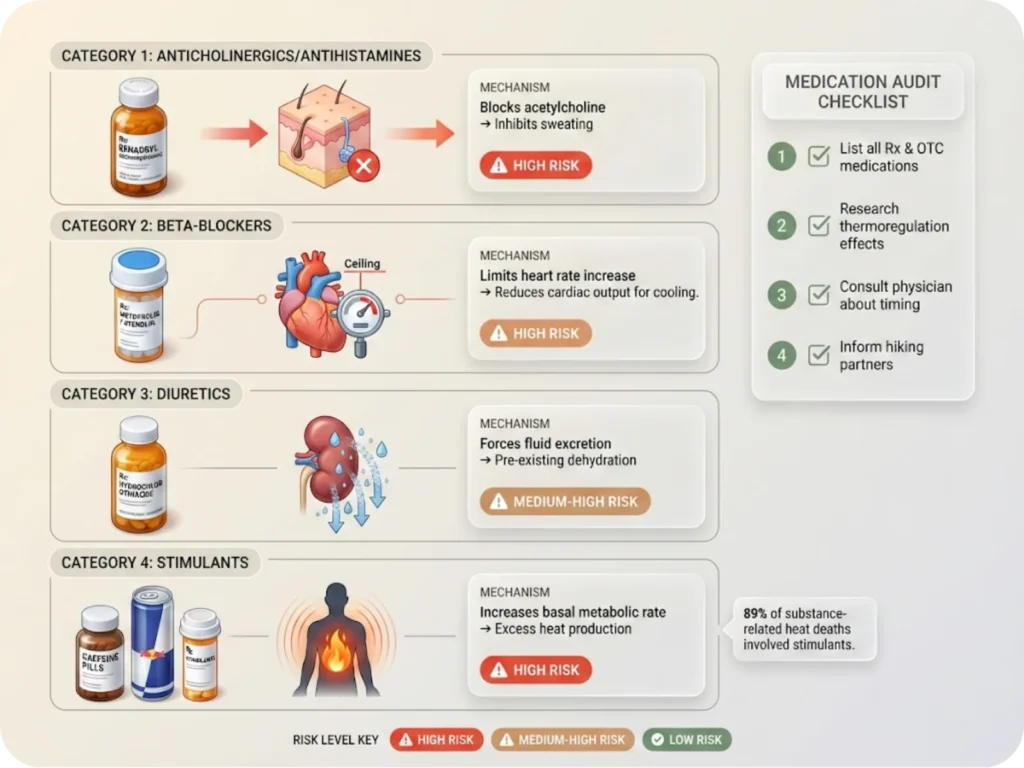 Medication audit showing common drugs that impair heat tolerance with mechanisms of action and risk level indicators for safe hiking in hot conditions.