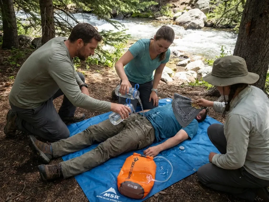 Hikers performing emergency cooling treatment for heat stroke using tarp and water immersion technique
