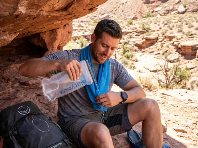 heat-stroke-exhaustion-hiker-cooling-desert-trail Hiker cooling down with hydration bladder and cooling towel on desert canyon trail in extreme heat