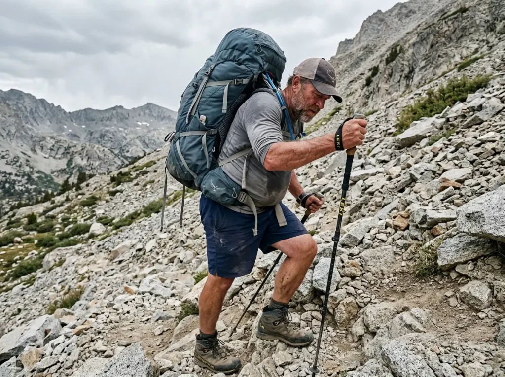 Backpacker carrying a heavy 40-pound load on technical talus where hip belt fit matters most