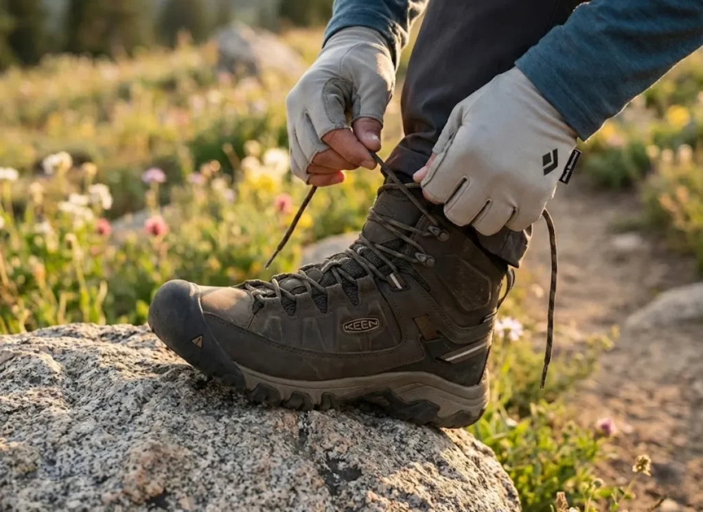 Hands creating heel lock lacing loops on hiking boot ankle collar for downhill security