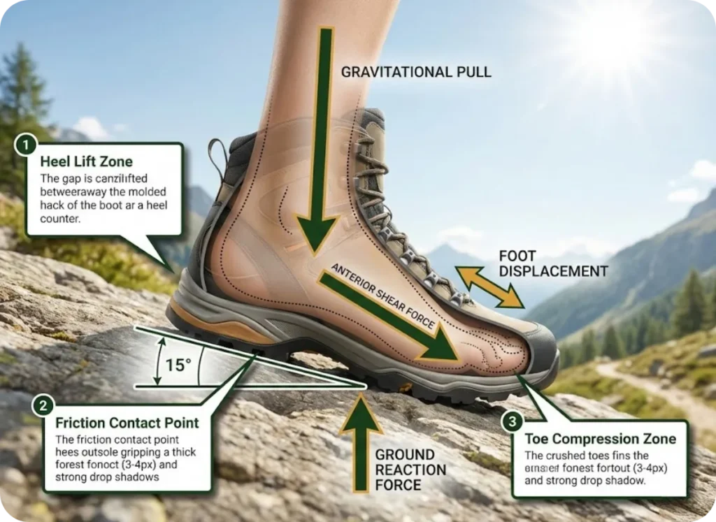 Educational diagram showing side-view of a hiking boot on a 15-degree downhill slope with labeled force vectors including anterior shear, gravitational pull, and ground reaction force, plus a dotted outline revealing foot shift inside the boot.