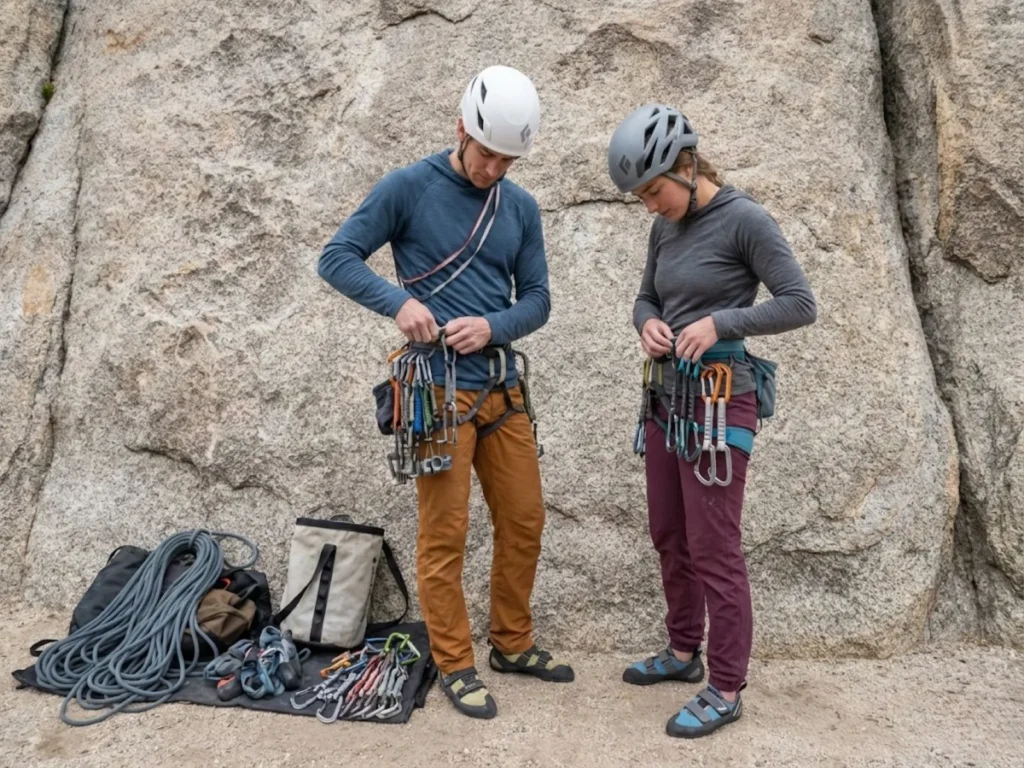 Two climbers comparing Black Diamond Half Dome hardshell and Vapor ultralight helmet types at crag