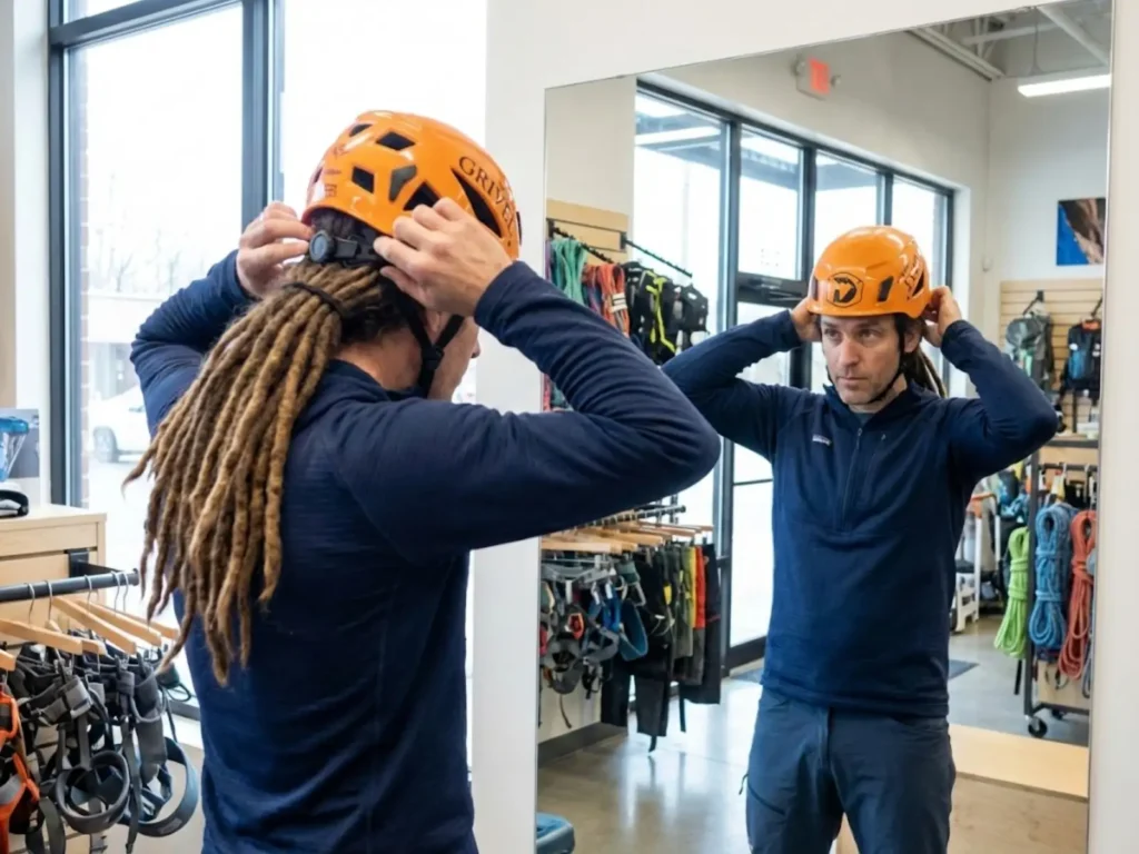 Climber with dreadlocks adjusting Grivel Salamander 2.0 helmet fit in gear shop mirror