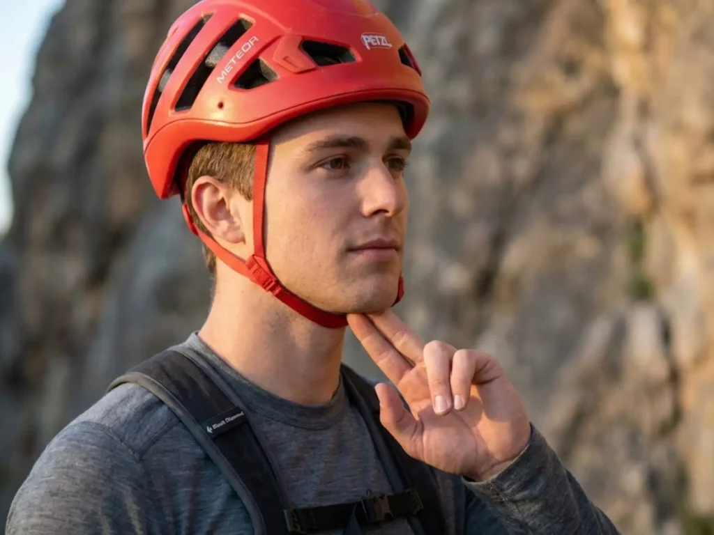 Climber demonstrating two-finger chinstrap fit test on Petzl Meteor helmet