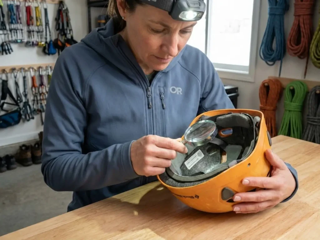 Climber inspecting worn helmet foam liner and manufacture date for retirement criteria