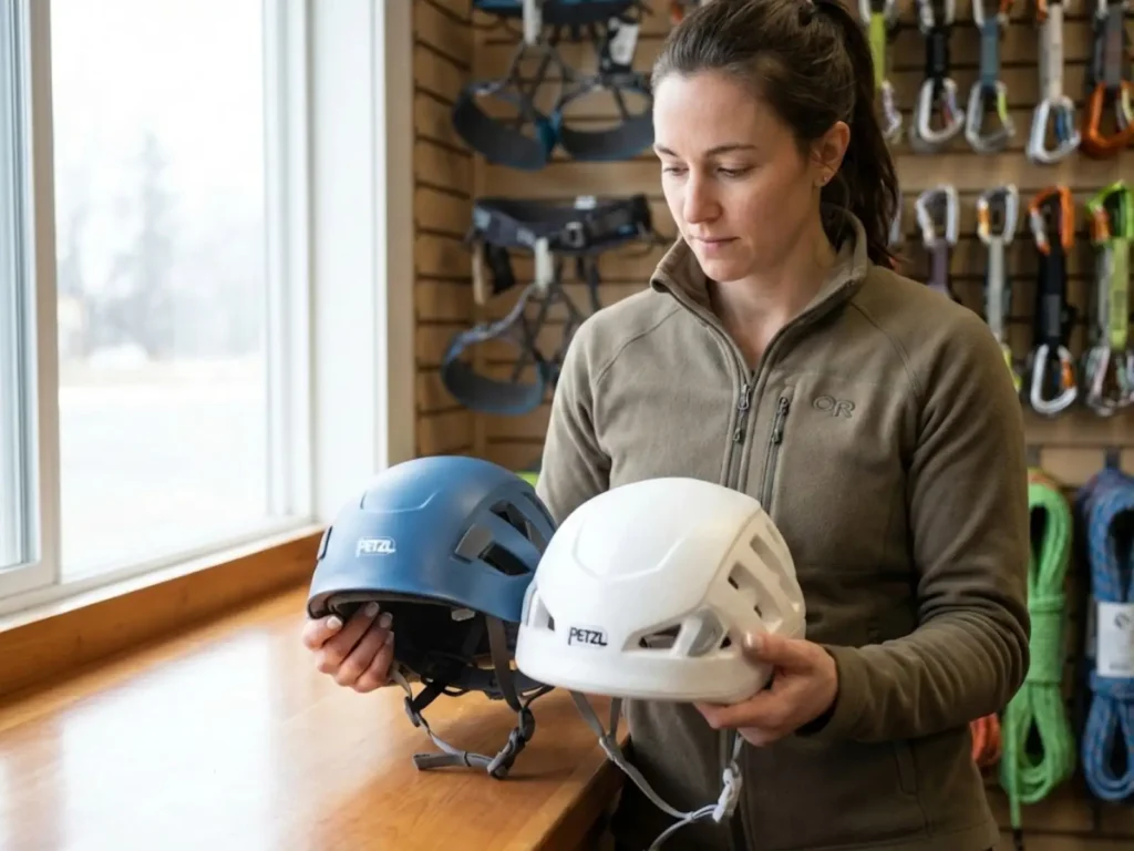 Climber comparing ABS hardshell Petzl Boreo and EPP foam Petzl Sirocco helmet construction