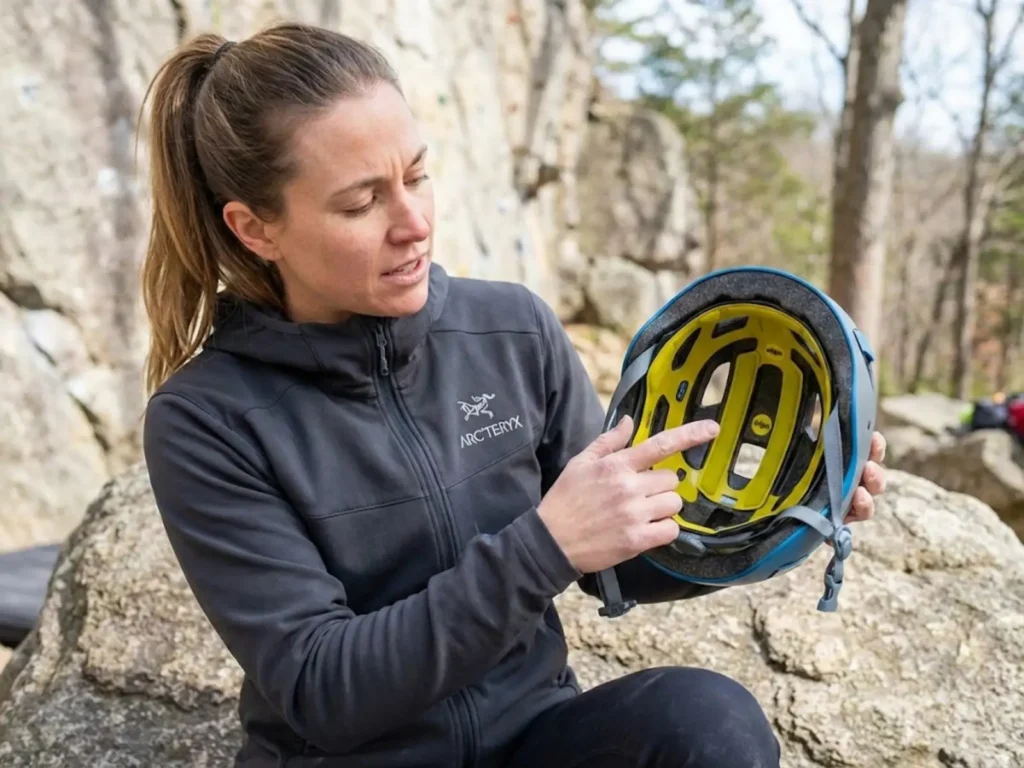 Climber examining yellow MIPS rotational protection layer inside Mammut Wall Rider helmet