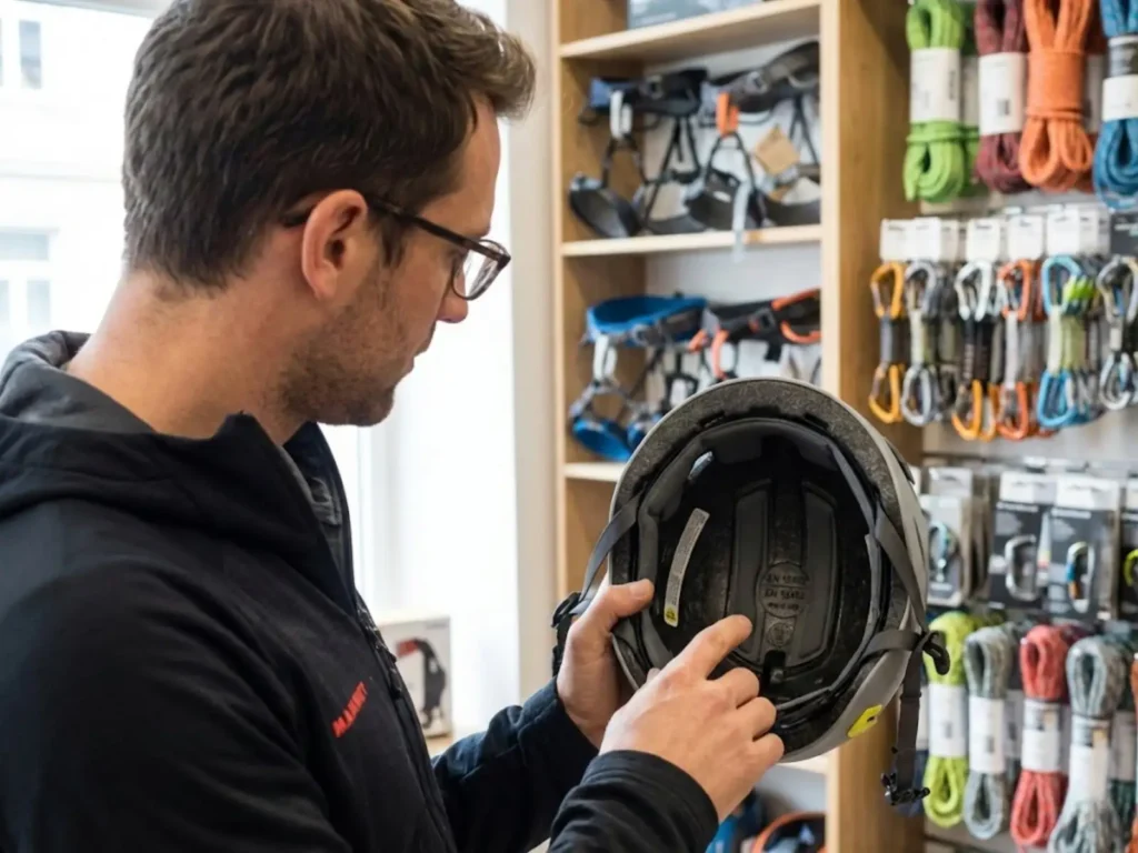 Climber inspecting EN 12492 certification stamp inside Black Diamond Vision MIPS helmet