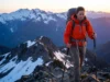 Best High Visibility Colors by Terrain: A Rescue Safety Matrix Hiker in high visibility orange jacket on mountain ridge at sunrise demonstrating rescue safety color contrast